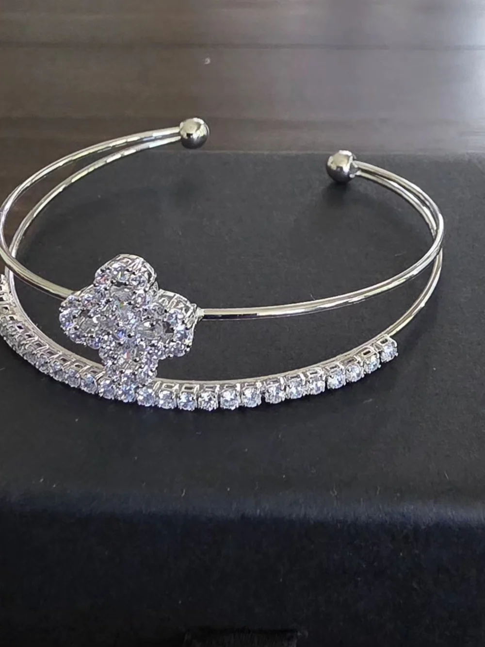925 Sterling Silver Clover CZ Adjustable Cuff Bracelet | Open Bangle